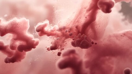Initial pink powder cluster bursting outward in CGI space, forming foam-like plumes - Powered by Adobe