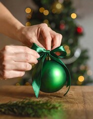 Hands tying a green ribbon bow on a Christmas ornament, tree in bokeh