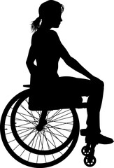 Silhouette of a woman sitting in a wheelchair, side profile, representing disability, accessibility, and independence. Ideal for healthcare, mobility, inclusion, and adaptive lifestyle concepts.