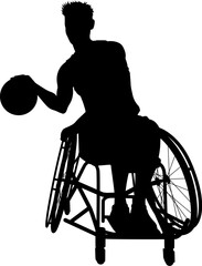 Silhouette of male athlete man in sports wheelchair basket baller basketball player.