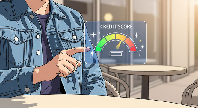 Credit Score: A person reviewing credit score on transparent digital display at cafe with sunlight.