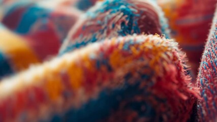 Opening on knitted fabric, camera shifting focus across ridges on set showcasing vivid yarn texture - Powered by Adobe