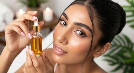 Fototapeta premium Indian female model with radiant skin and dropper bottle — symbolizing skincare, elegance, and wellness