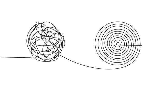 Self drawing animation of continuous one line drawing Chaotically tangled line and untied knot in form of circle. Full length single line animation, minimalist pro vector untied knot in form of circle
