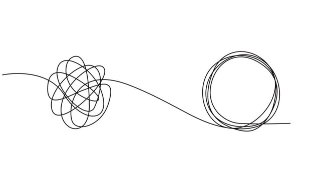Self drawing animation of continuous one line drawing Chaotically tangled line and untied knot in form of circle. Full length single line animation, minimalist pro vector untied knot in form of circle
