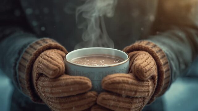 As snow starts falling, person wearing coat holding steaming mug outdoors with glistening gloves