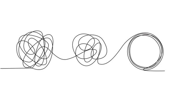 Self drawing animation of continuous one line drawing Chaotically tangled line and untied knot in form of circle. Full length single line animation, minimalist pro vector untied knot in form of circle