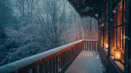 Capturing light snowfall beginning and drifting on cabin railing revealing icicles in lantern glow - Powered by Adobe