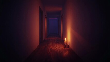Flickering single lit candle illuminating dark wooden corridor with door frames, copy space - Powered by Adobe
