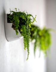 Hanging planters with vibrant green ferns against a stark white wall
