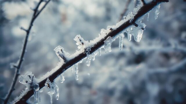 Camera focusing slender branch forming frost crystals and icicles in winter woods capturing glints