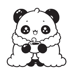 Kawaii Panda Wrapped in Blanket – Black and White Cozy Vector Illustration