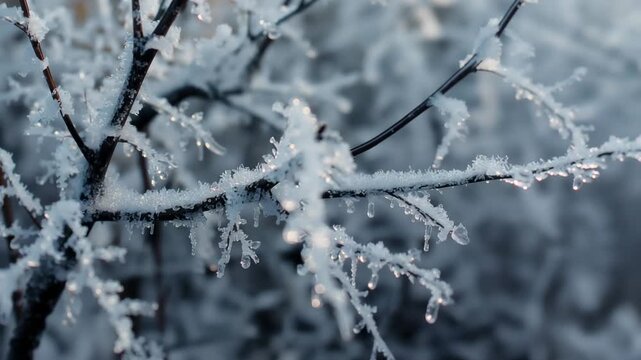 Sunlight shifting causing frost on branch sparkling, melting drips camera panning winter thicket