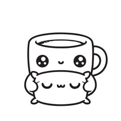 Kawaii Coffee with Pillow – Black and White Minimal Vector Illustration