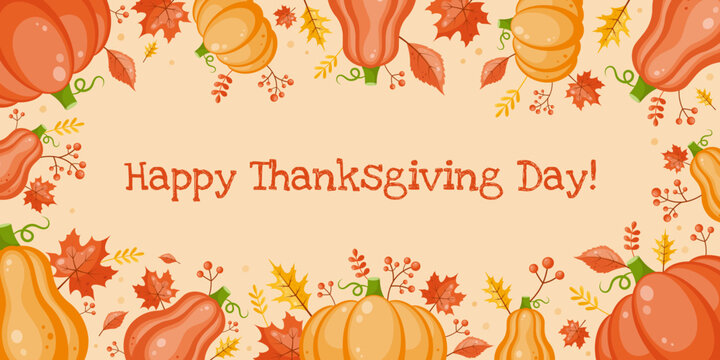 Thanksgiving isolated background with pumpkins, leaves and berries with text. Orange backdrop. Fall season. Autumn frame with fall elements. Thanksgiving border.Flat cartoon style. Vector illustration