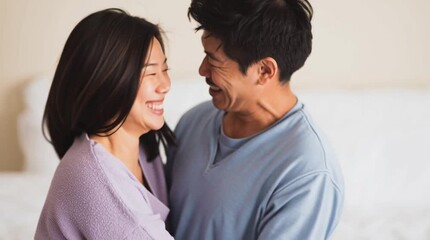 Honeymoon of a Korean married couple. Another happy anniversary of spouses. Straight couple jumps in bed