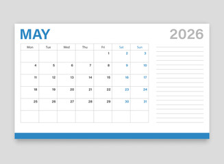 Calendar may 2026 icon in flat style. Planner vector illustration on isolated background. Calender sign business concept.
