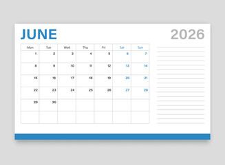Calendar june 2026 icon in flat style. Planner vector illustration on isolated background. Calender sign business concept.