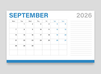 Calendar september 2026 icon in flat style. Planner vector illustration on isolated background. Calender sign business concept.