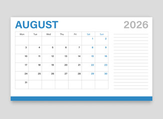 Calendar august 2026 icon in flat style. Planner vector illustration on isolated background. Calender sign business concept.
