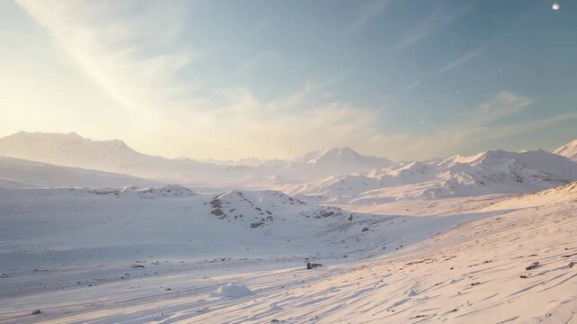 Moving tracked snowcat crossing mountain valley at sunrise, with drifting snowflakes