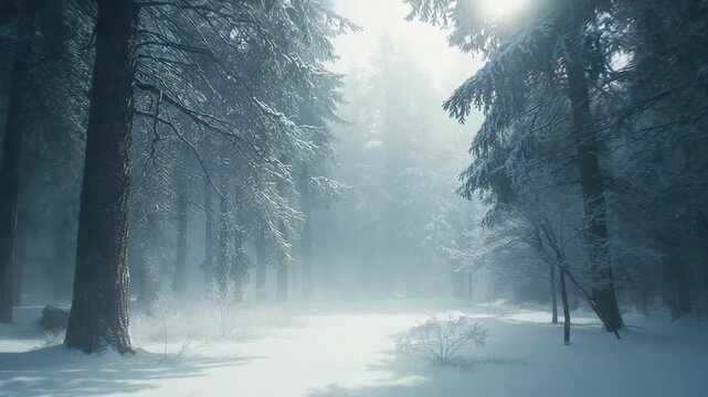 Filtering light through canopy guiding camera gliding in clearing at dawn with snowy pines and mist