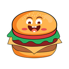 Delightful cartoon burger with happy face, perfect for kids menus, food blogs, or playful restaurant branding with a fun, eye-catching design