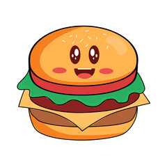 Delightful and playful kawaii burger illustration perfect for menus, children's books, and fun food promotions with a cheerful, cartoon aesthetic