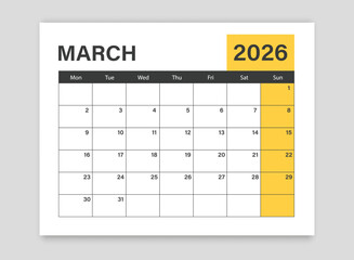 Calendar march 2026 icon in flat style. Planner vector illustration on isolated background. Calender sign business concept.