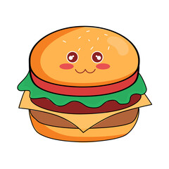 Adorable cartoon burger with kawaii face, perfect for kids menu, food blogs, or playful marketing campaigns with a delicious and fun visual appeal
