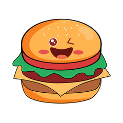 Adorable winking cartoon burger character, perfect for fast food promotions and playful branding, bringing a smile to customers with its cute, fun design