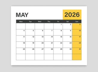 Calendar may 2026 icon in flat style. Planner vector illustration on isolated background. Calender sign business concept.