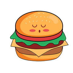 Whimsical burger character illustration with sleepy eyes, perfect for kids menus, food blogs, or playful marketing materials, originally vector based