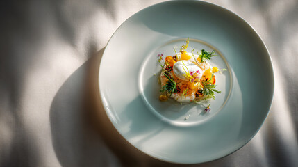 Elegant plate of gourmet food, featuring a creamy white sauce and colorful garnishes.