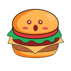 Adorable burger cartoon character with surprised expression, perfect for kids' menus, fast food promotions, and whimsical designs that bring joy