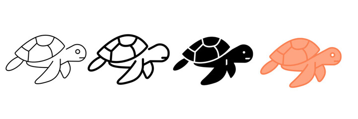 Set of minimalist turtle icons with transparent background, depicting sea creatures, marine animals, wildlife, and ocean fauna symbols, vector illustration