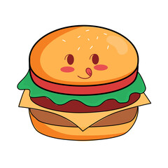 Delightful cartoon burger character with a playful expression, perfect for children's menus and cheerful food illustrations with a fun, whimsical style