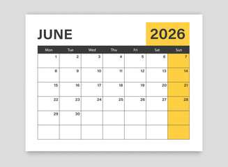 Calendar june 2026 icon in flat style. Planner vector illustration on isolated background. Calender sign business concept.