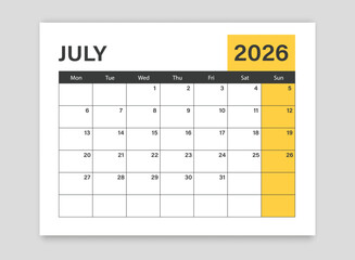 Calendar july 2026 icon in flat style. Planner vector illustration on isolated background. Calender sign business concept.
