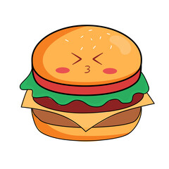 Adorable cartoon burger with a cute expression, perfect for kids' menus, food blogs, or playful branding, guaranteed to add a touch of fun and flavor