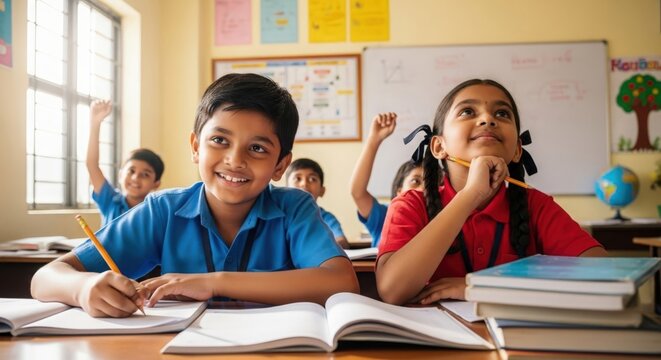 Indian classroom scene with students engaged in learning &mdash; highlighting focus, inspiration, and academic progress