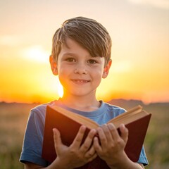 Happy young boy holds a book, smiles warmly against sunset