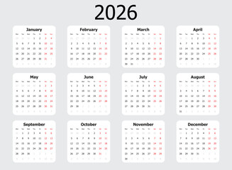 Calendar 2026 year icon in flat style. Planner vector illustration on isolated background. Calender sign business concept.