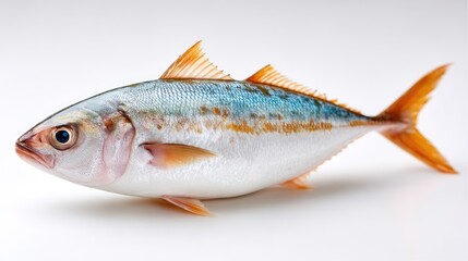 A Single Fresh Yellowtail Fish With Orange Fins And Blue And Silver Body Rests On A Clean White Background In A Studio Setting Illuminated By Soft Light