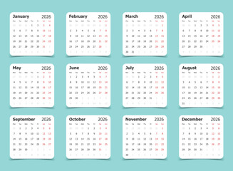 Calendar 2026 year icon in flat style. Planner vector illustration on isolated background. Calender sign business concept.