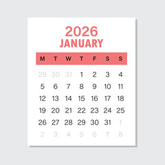 Calendar january 2026 icon in flat style. Planner vector illustration on isolated background. Calender sign business concept.