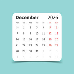 Calendar december 2026 icon in flat style. Planner vector illustration on isolated background. Calender sign business concept.