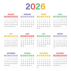 Colourful calendar 2026 year icon in flat style. Planner vector illustration on isolated background. Calender sign business concept.