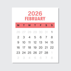 Calendar february 2026 icon in flat style. Planner vector illustration on isolated background. Calender sign business concept.