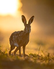 Hare stands in golden-hour sunlight, focused, alert